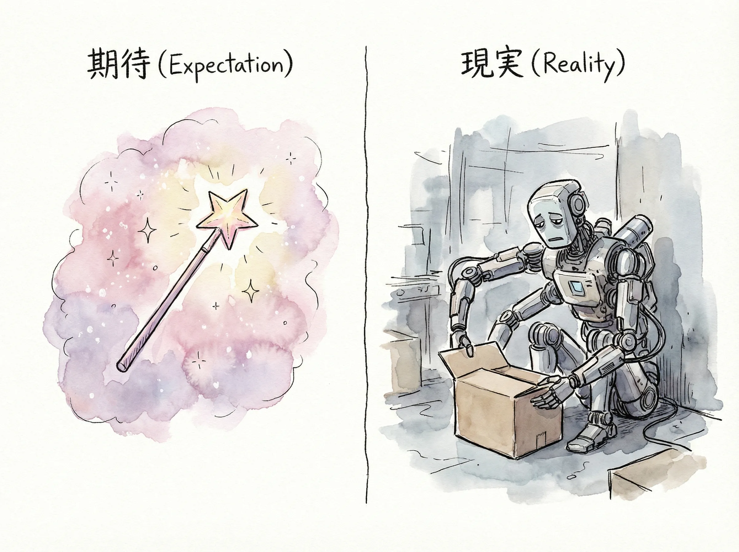 ユーザーの期待(魔法の杖)と現実(段ボールを折るだけの高性能ロボット)の対比を表したイラスト