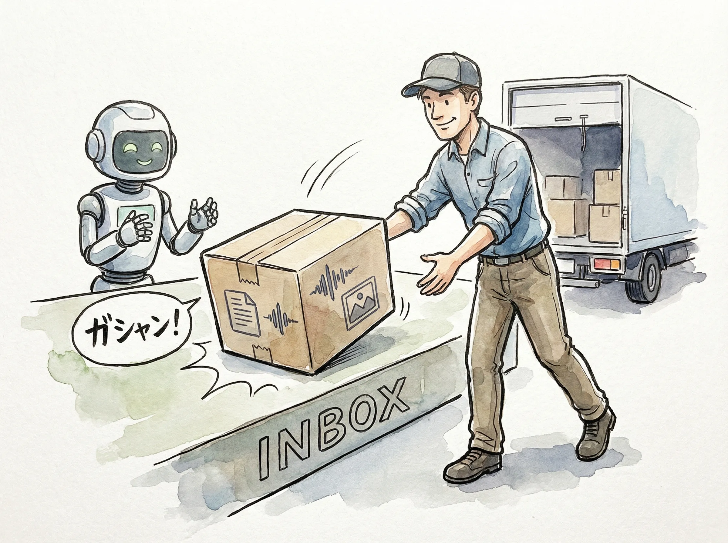 運送業者がインボックスに荷物をガシャンと下ろす場面
