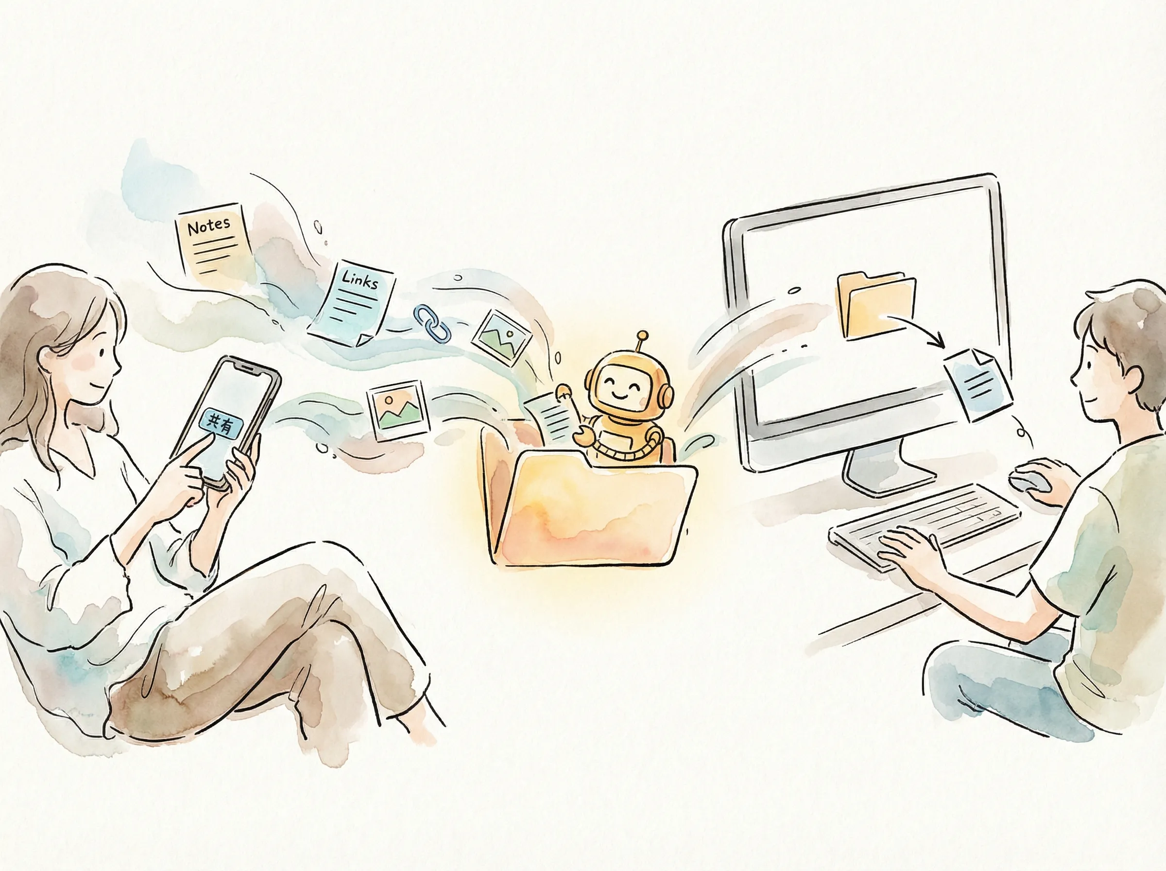 スマホとPCから情報がワンタップでインボックスへ流れ込む様子