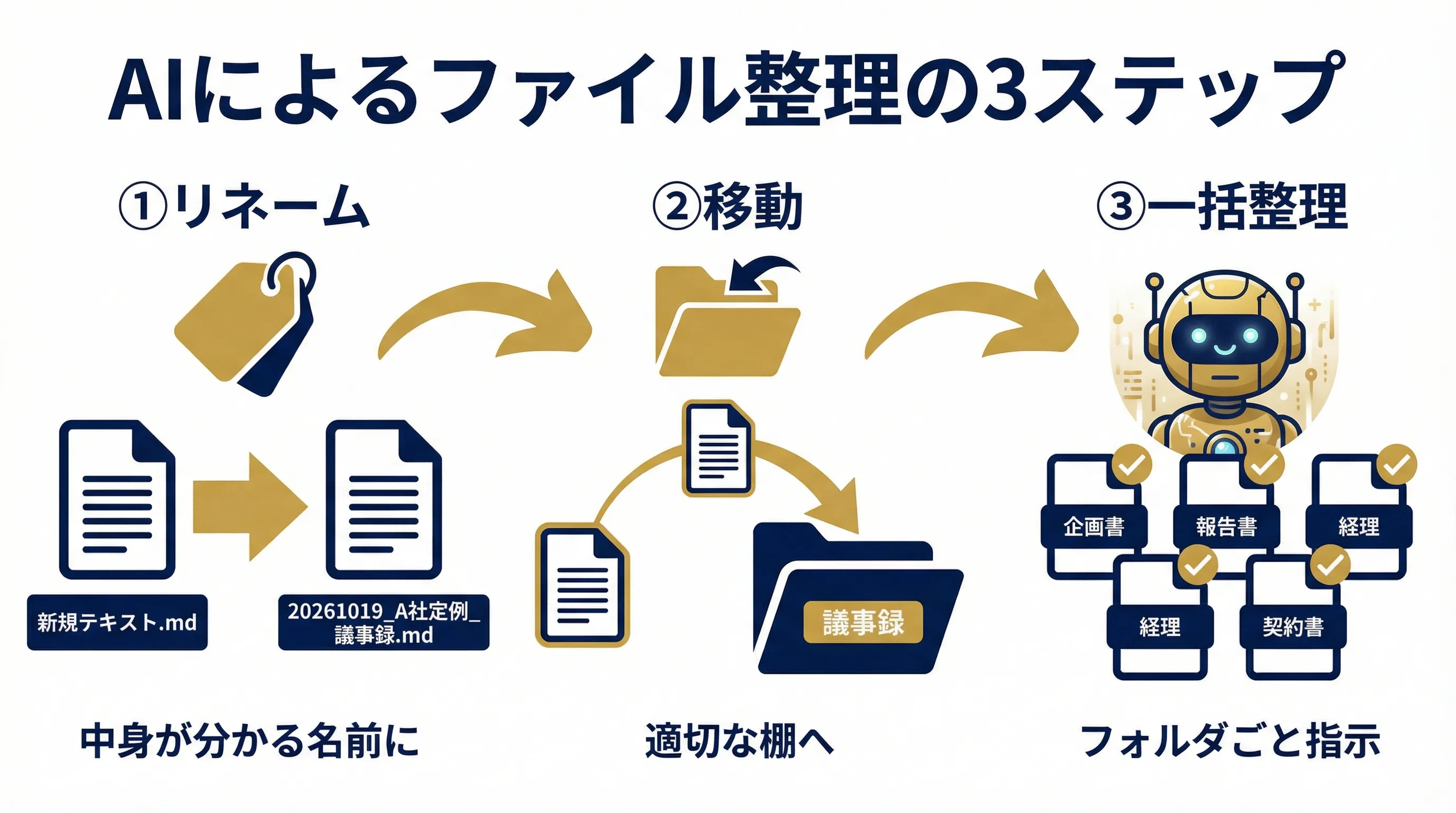 AIによるファイル整理の3ステップフロー。リネーム、移動、一括整理の流れを矢印で示す図解