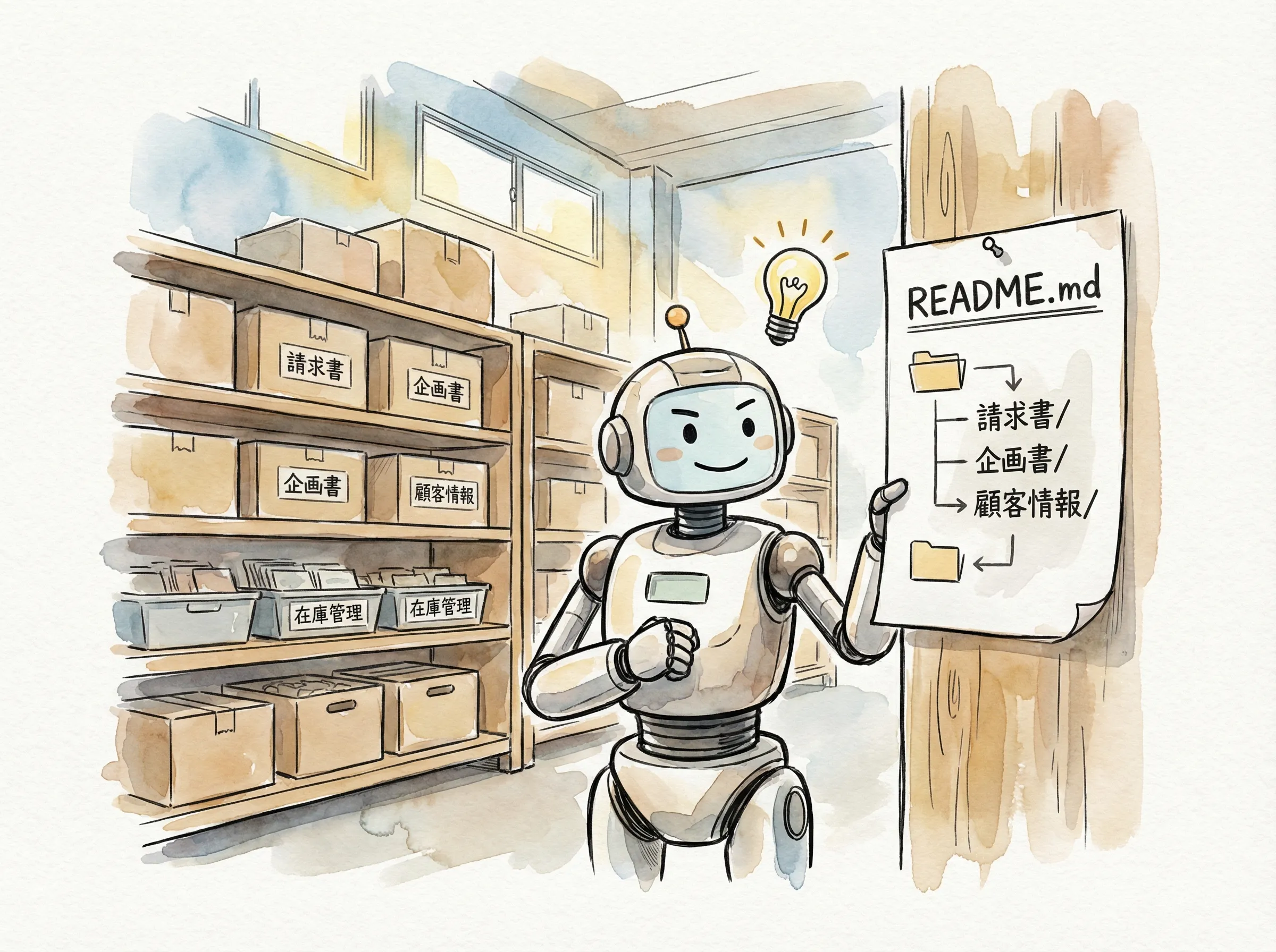 倉庫の棚に貼られた地図(README.md)を見るAIロボット。フォルダ構造を理解し迷わず作業できる様子