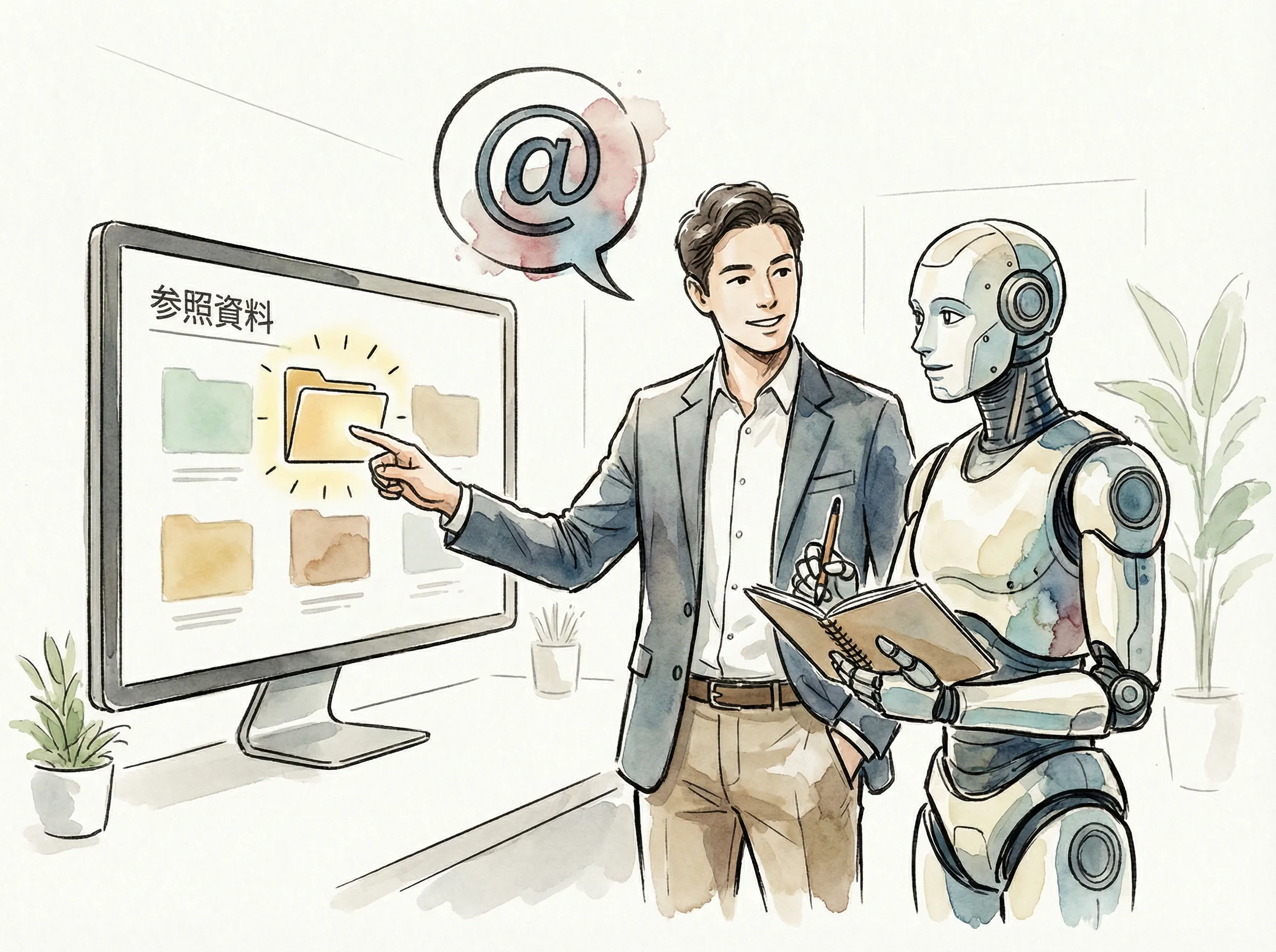 人間がフォルダを指差しながらAIに指示を出す様子。参照ファイルを明示する「指差し確認」の実践シーン