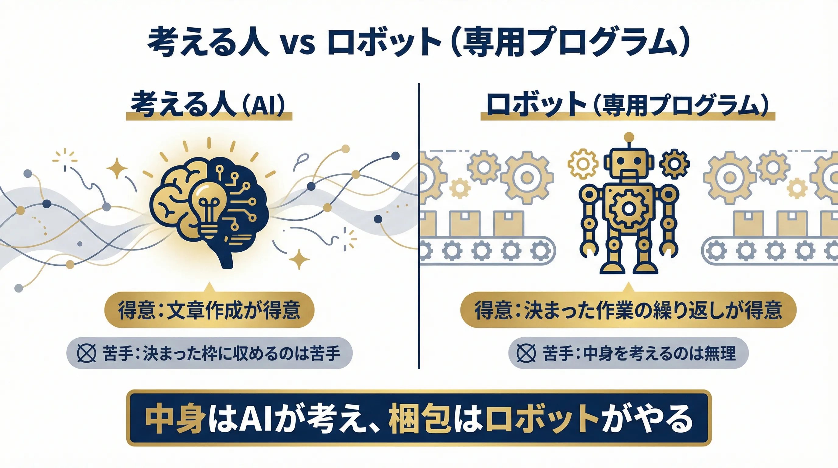 AIとロボットの役割分担。考える人（AI）は文章作成が得意、ロボット（専用プログラム）は決まった作業の繰り返しが得意