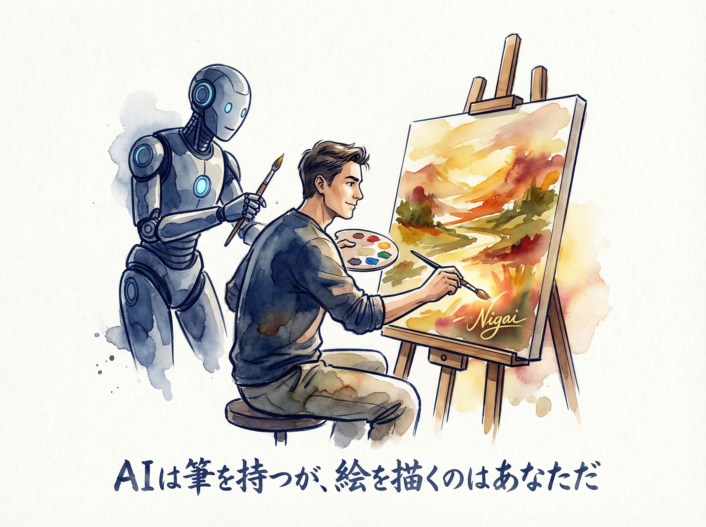 責任の所在を示す結論イラスト。AIが筆を持ち、人間が絵を描くという比喩を視覚化した図