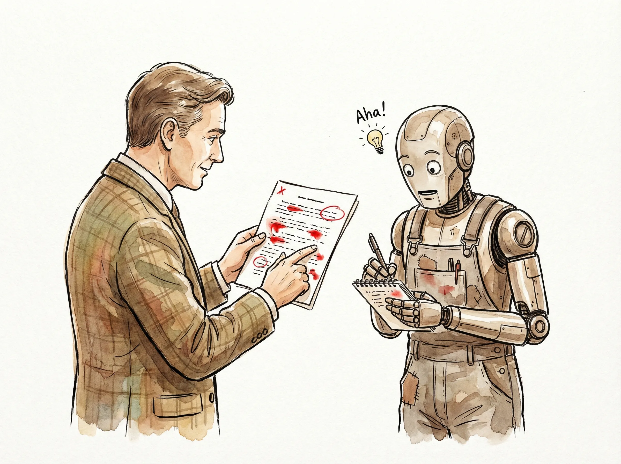 師匠（人間）から弟子（AI）へのフィードバックループ。赤の指示書を渡され、真剣にメモを取って学習するAIの様子