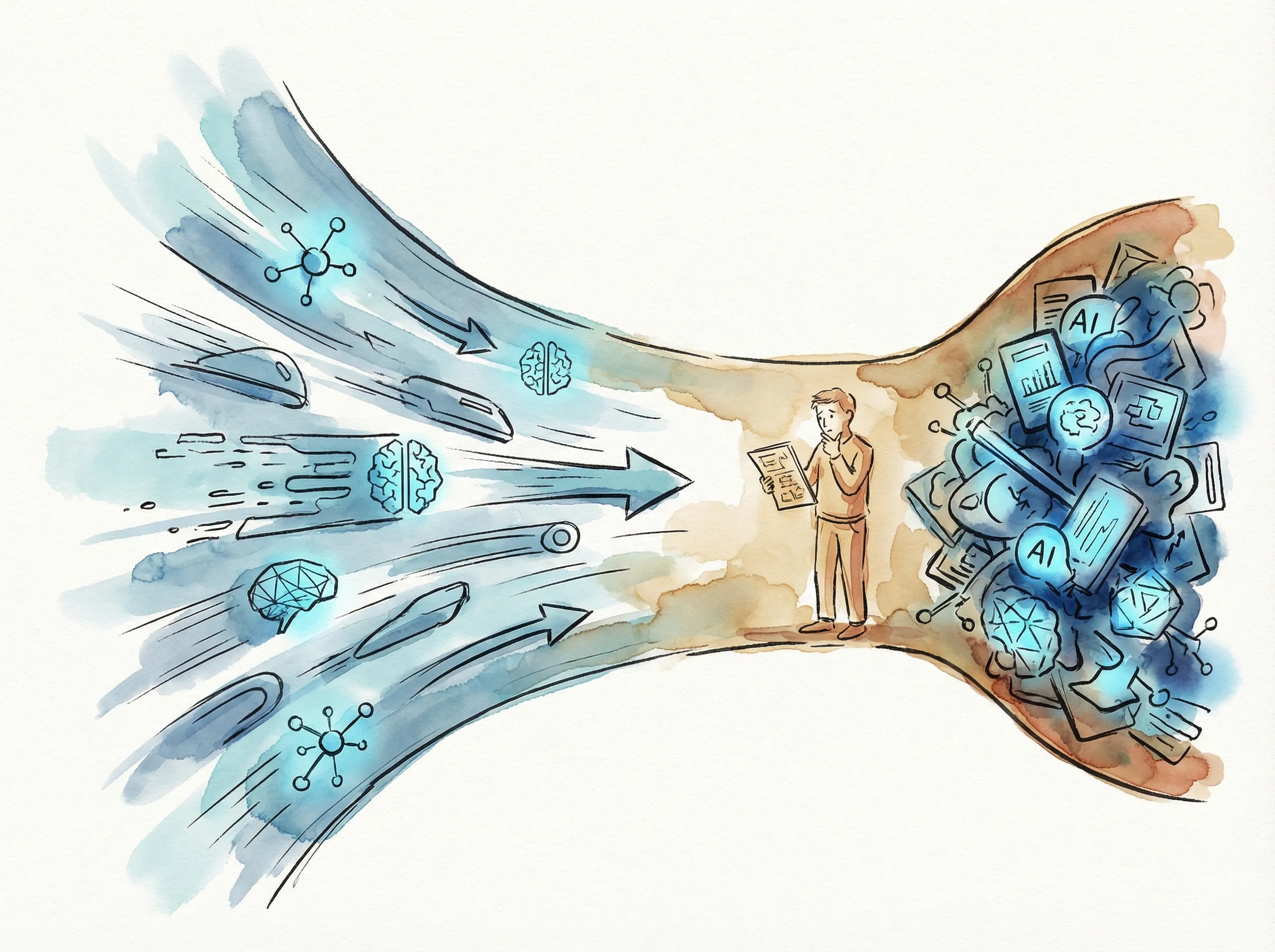 ツールの進化と人間の変化の対比。ロケットのように加速するツールに対し、歩いて進む人間の変化の遅さを示す図