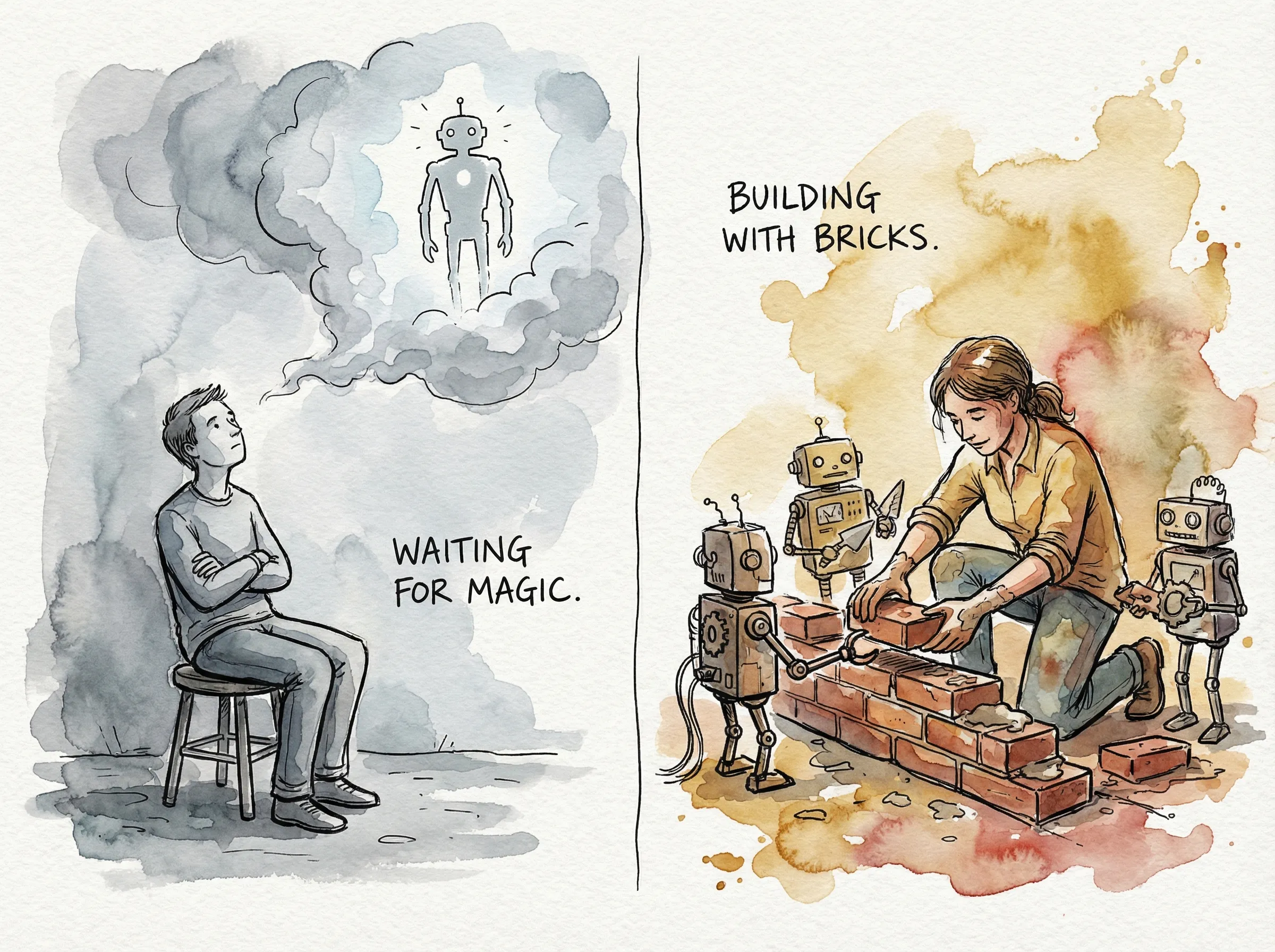 「完璧なAI」を待ち続ける人と、今のAIを使って動き出している人の対比。待つ人は動かず、使う人は進んでいる